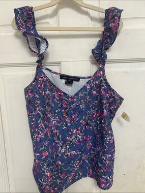 NWOT French Connection Blue Floral Ruffle-Strap V-Neck Cami - Size Small